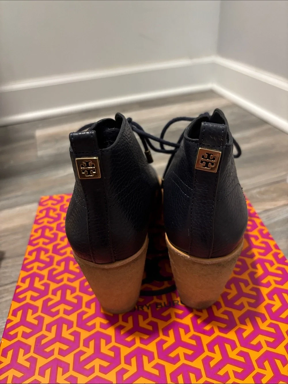 Tory Burch Black Leather Lace-Up Ankle Boots with Tan Sole